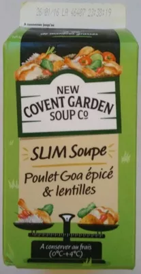 Soupe poulet Goa épicé et lentilles, moins de 2% de mat. Gr. New Covent Garden Soup Co 600 g e, code 5060045386137