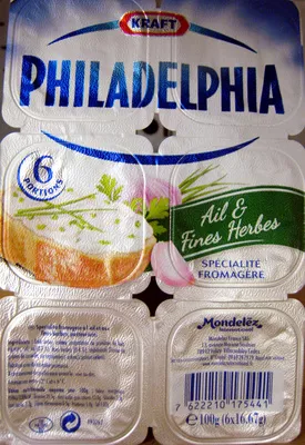 Philadelphia (6 portions) Ail & Fines Herbes (21,5% MG) - 100 g - Kraft Philadelphia, Kraft, Kraft Foods, Mondelèz International 100 g (6 x 16,67 g), code 7622210175441
