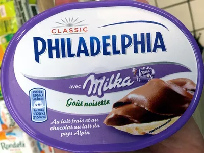 Philadelphia avec Milka goût Noisette (14,5% MG) Philadelphia, Milka, Kraft, Kraft Foods, Mondelèz International 150 g, code 7622300748999