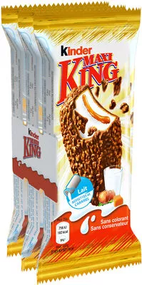 Kinder maxi king gouter frais fines gaufrettes enrobees de chocolat au lait et noisettes broyees, avec fourrage lait et caramel t3 pack de 3 etuis Kinder, Ferrero 105 g, code 8000500290804