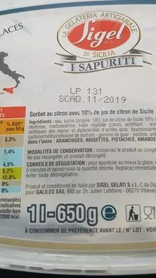 Sorbet au citron avec 10% de jus de citron de Sicile Sigel 650 g, code 8007437112278