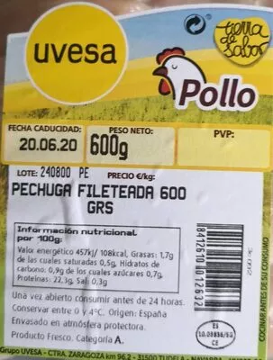Pechuga Pollo Fileteada (Uvesa) Uvesa , code 8412610012632