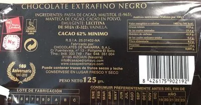 Chocolate Extrafino Negro 62% sin azúcar  , code 8426175902192