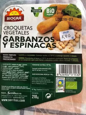 Croqueta vegetal garbanzo y espinaca biogra 210 g, code 8426904171530