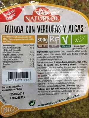 Quinoa con verduras y algas Natursoy, Nutrition & Santé Iberia S.L., Nutrition & Santé S.A.S., Otsuka Pharmaceutical Co. Ltd., Otsuka Holdings Co. Ltd. 300 g, code 8428159110227