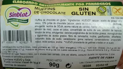 Muffins sin gluten  chocolate Sinblat 90 g, code 8436541921627