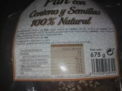 Pan con centeno y semillas 100% natural  675 g, code 8437003469794