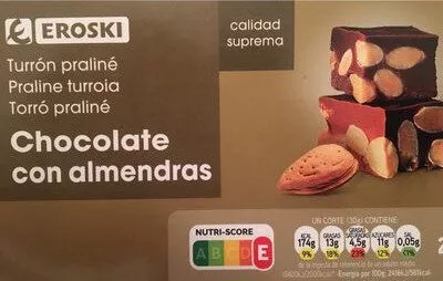 Turrón praliné chocolate con almendras Eroski , code 8480010004250