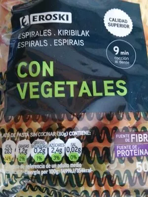Espirales-kiribilak con vegetales Eroski 500 g, code 8480010112351