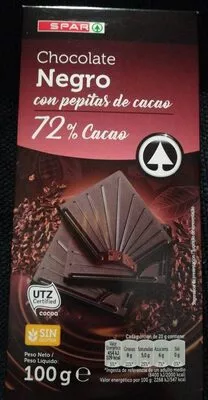 Chocolate negro con pepitas de cacao 72% Cacao Spar 100 g, code 8480013152934