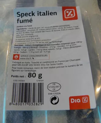 Speck italien fumé Dia 80 g, code 8480017032829
