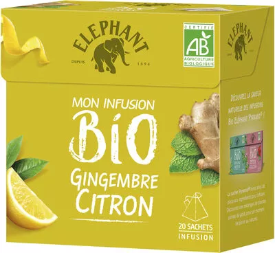 Elephant Mon Infusion Bio Gingembre Citron 20 Sachets Pyramid® Elephant 34 g, code 8714100614709