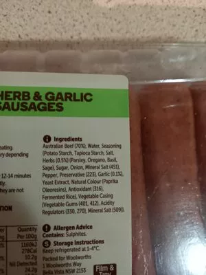 Herb And Garlic Beef Sausage Woolworths , code 9339687080205