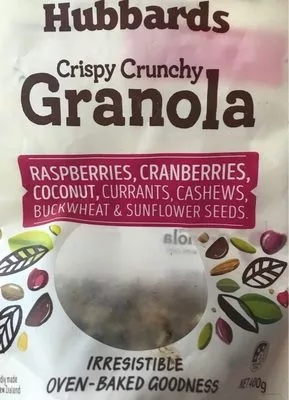 Crispy crunchy granola raspberries, cranberries, coconut, currants, cashews, buckwheat & sunflower seeds Hubbards 400g, code 9414763003146